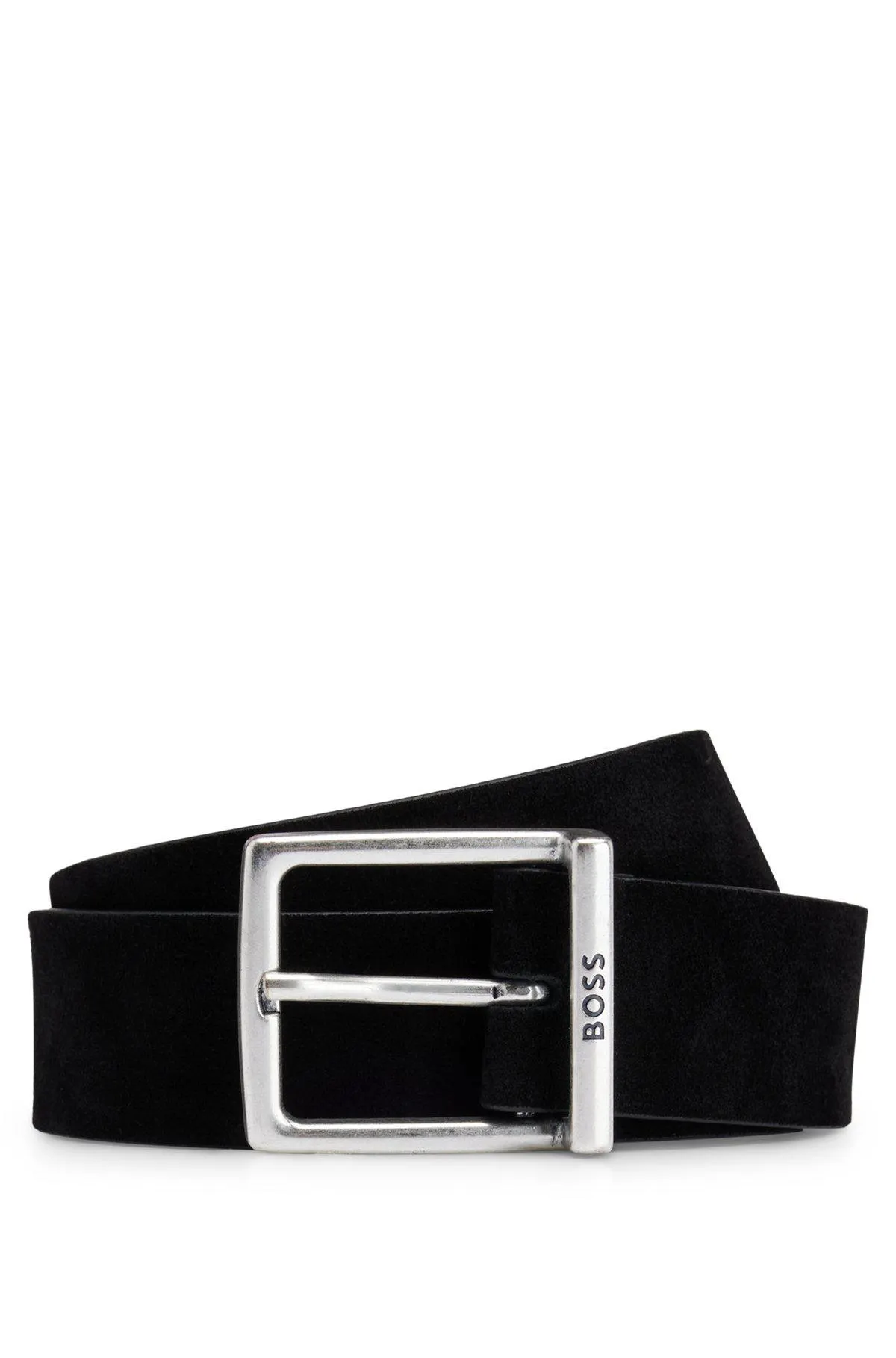 Suede belt with squared buckle and engraved logo