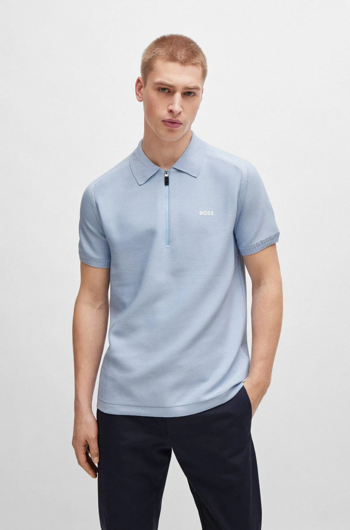 Short-sleeved zip-neck polo sweater with logo detail