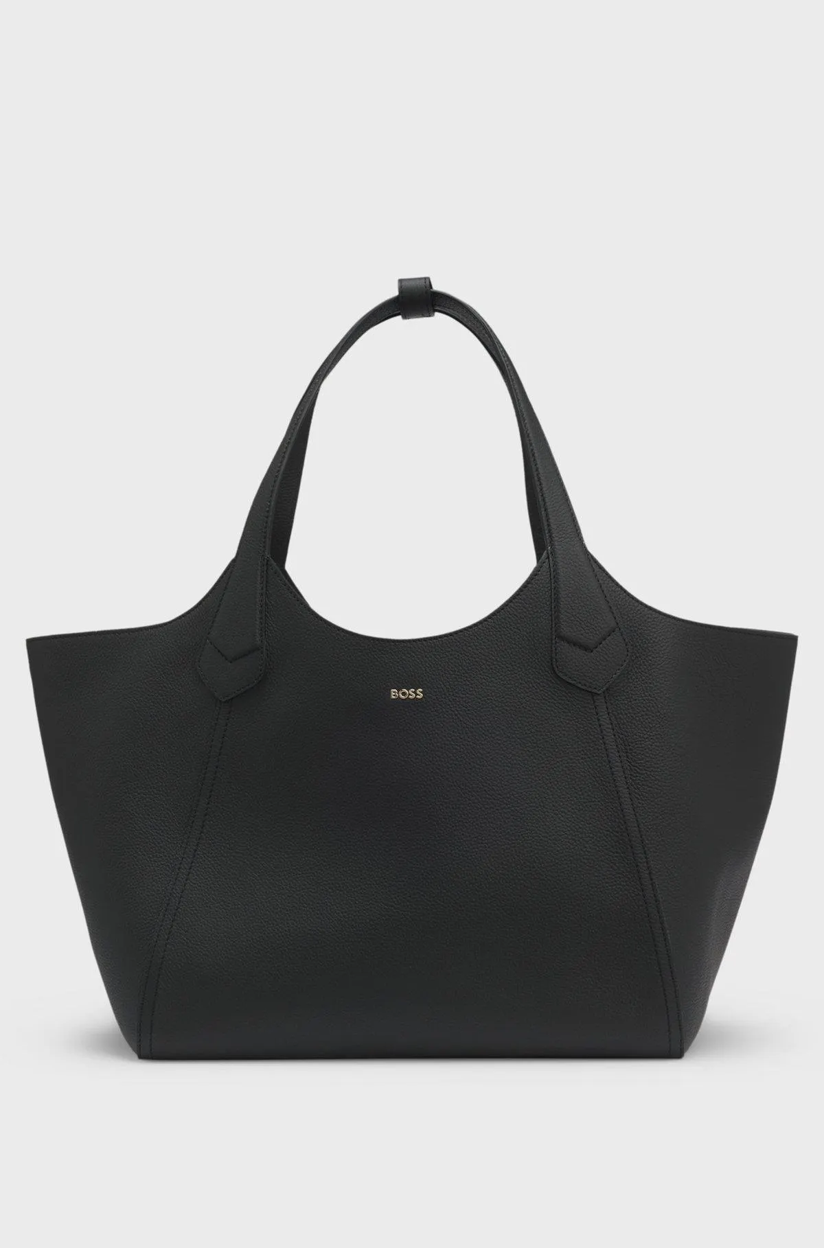 Leather tote bag with metallic logo lettering