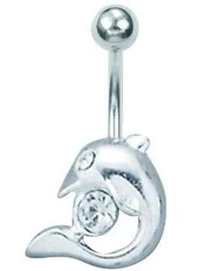 Navlepiercing med Delfin og Hvit Sten