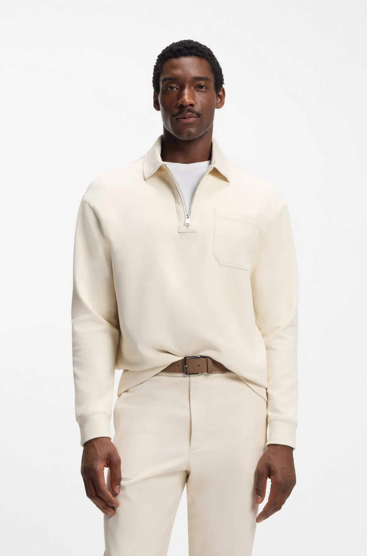 Zip-neck sweatshirt in a peached cotton blend