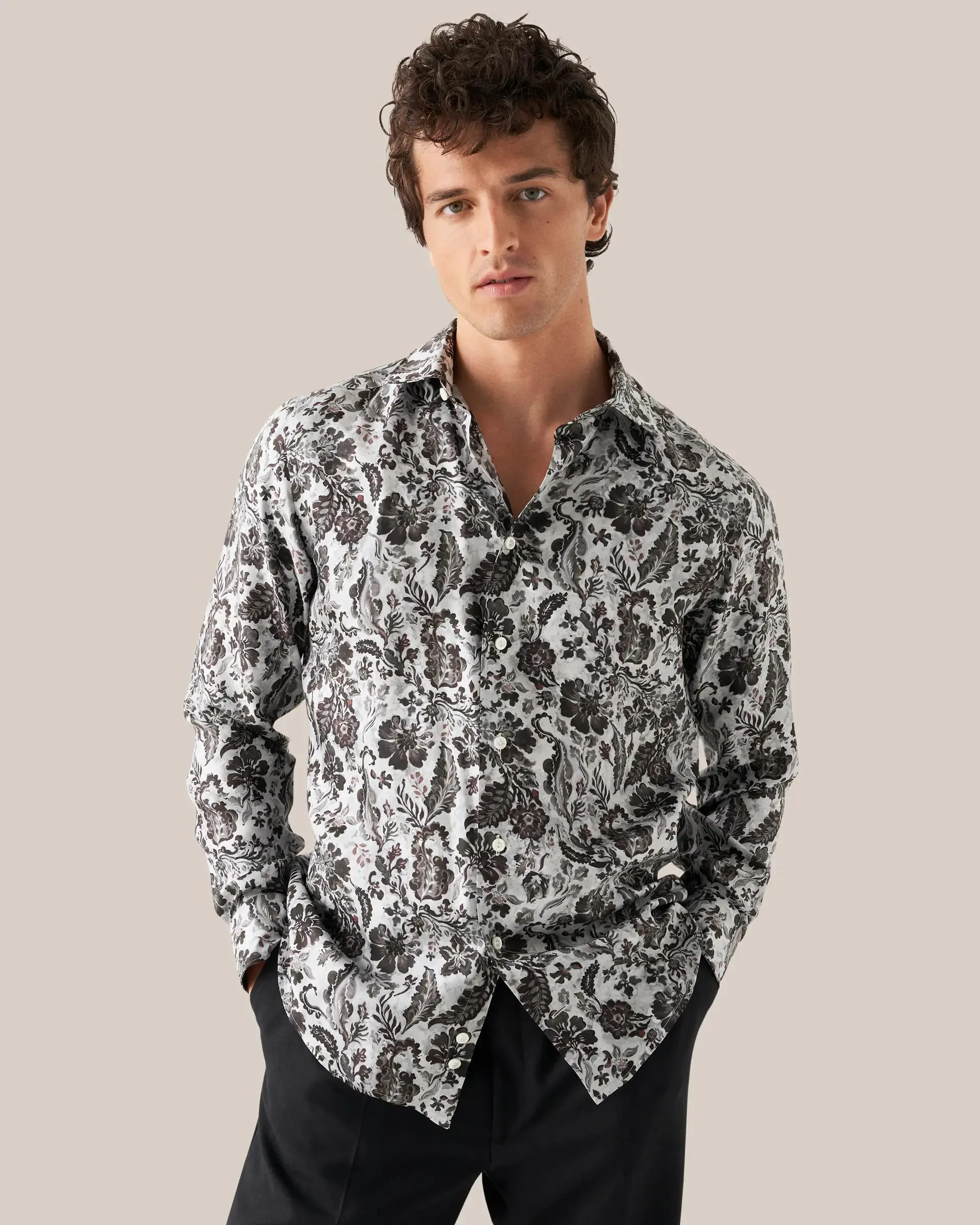 Brown Floral Print Silk Twill Shirt