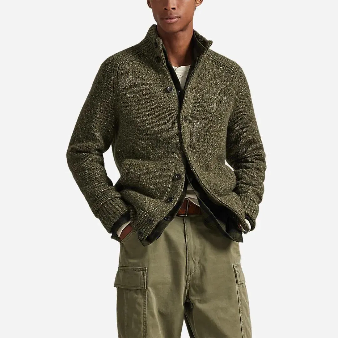 Wool-blend Mockneck Cardigan - Olive Marl