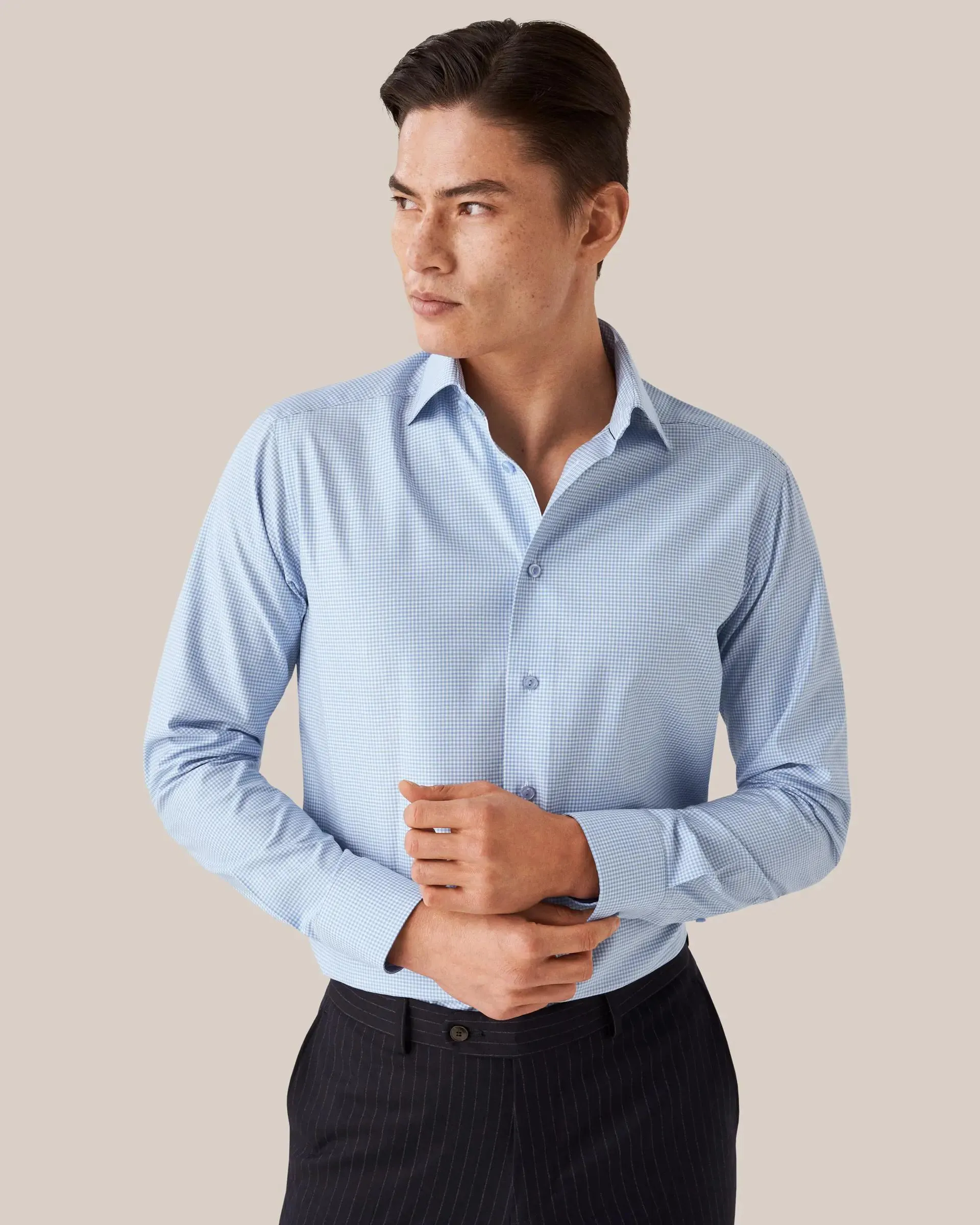 Light Blue Checked Cotton & TENCEL™ Lyocell Stretch Shirt