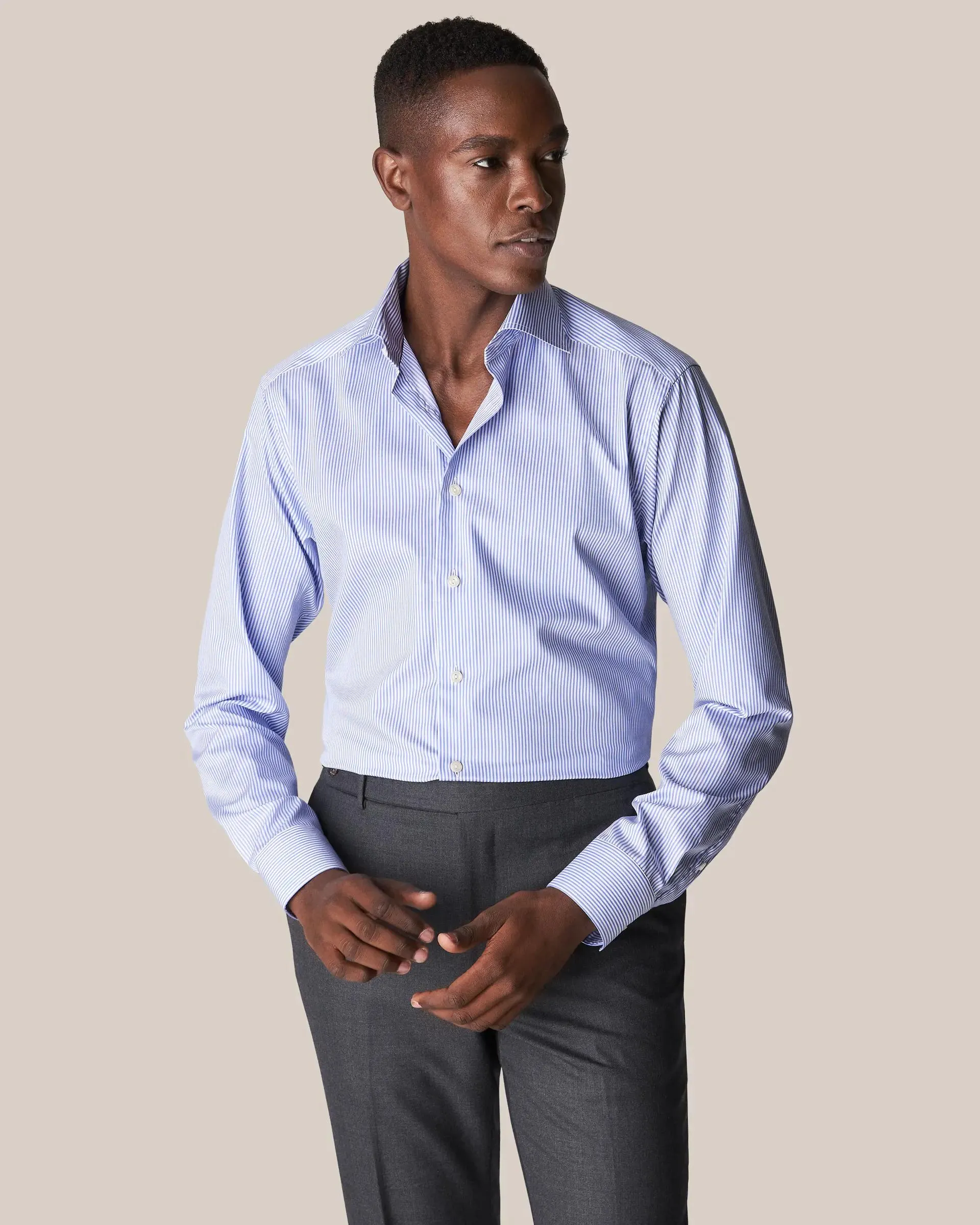 Mid Blue Striped Fine Twill Shirt
