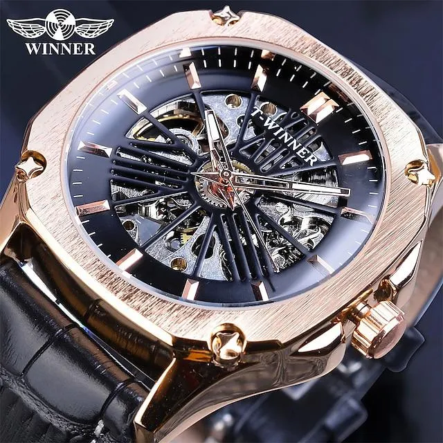 WINNER Hombre Relojes Mecánico Lujo Esfera Grande Moda Negocios Calavera Cuerda Automática Luminoso IMPERMEABLE Piel Reloj