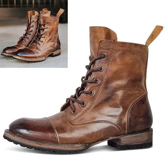 Men's Boots Combat Boots Hand Stitching Vintage Classic Casual Outdoor Daily Faux Leather Breathable Comfortable Slip Resistant Mid-Calf Boots Lace-up Black Brown Winter