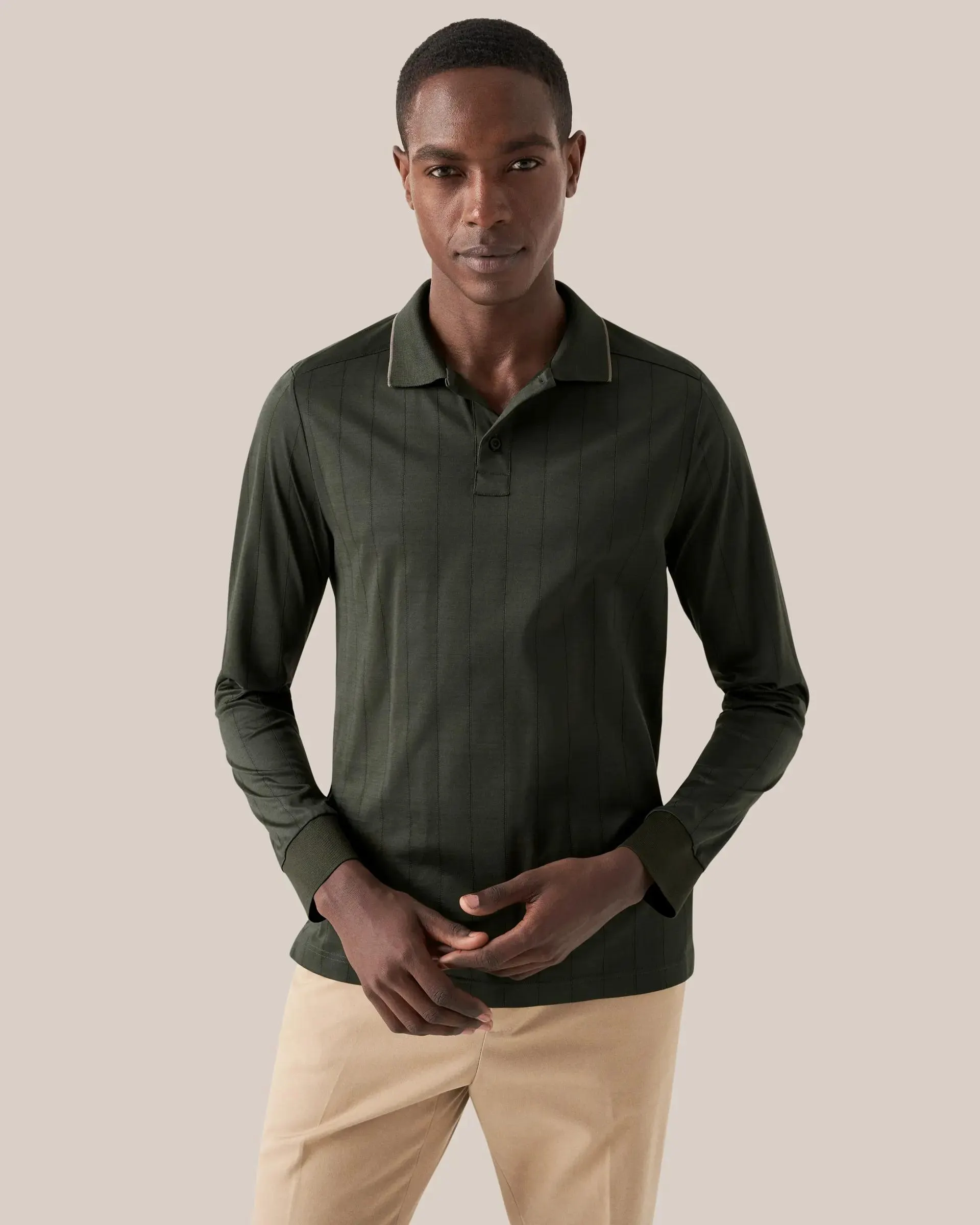 Dark Green Striped Filo di Scozia Jacquard Polo Shirt