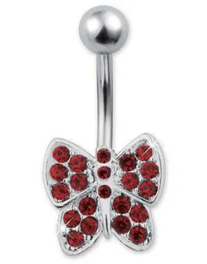 Sommerfugl m/Røde Stener - Navlepiercing i Ekte Sølv