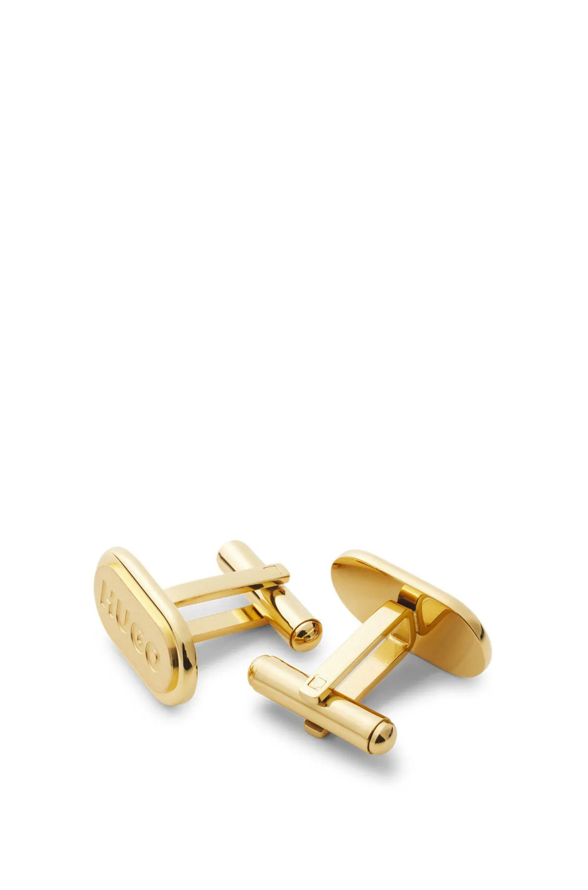 Oval-shaped cufflinks with engraved logos