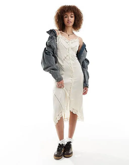 Reclaimed Vintage button front slip dress with lace in antique cream