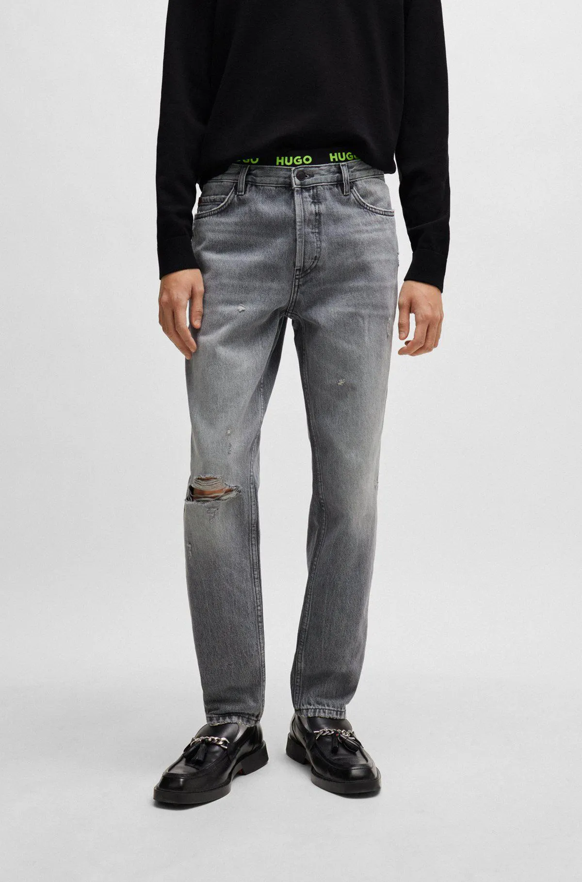 Tapered-fit regular-rise jeans in grey denim