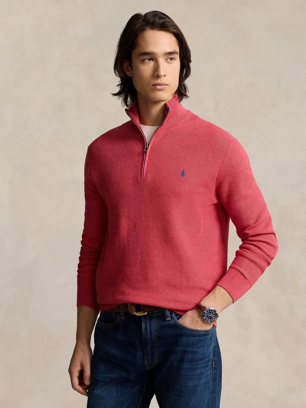 MESH-KNIT COTTON QUARTER-ZIP SWEATER Rød