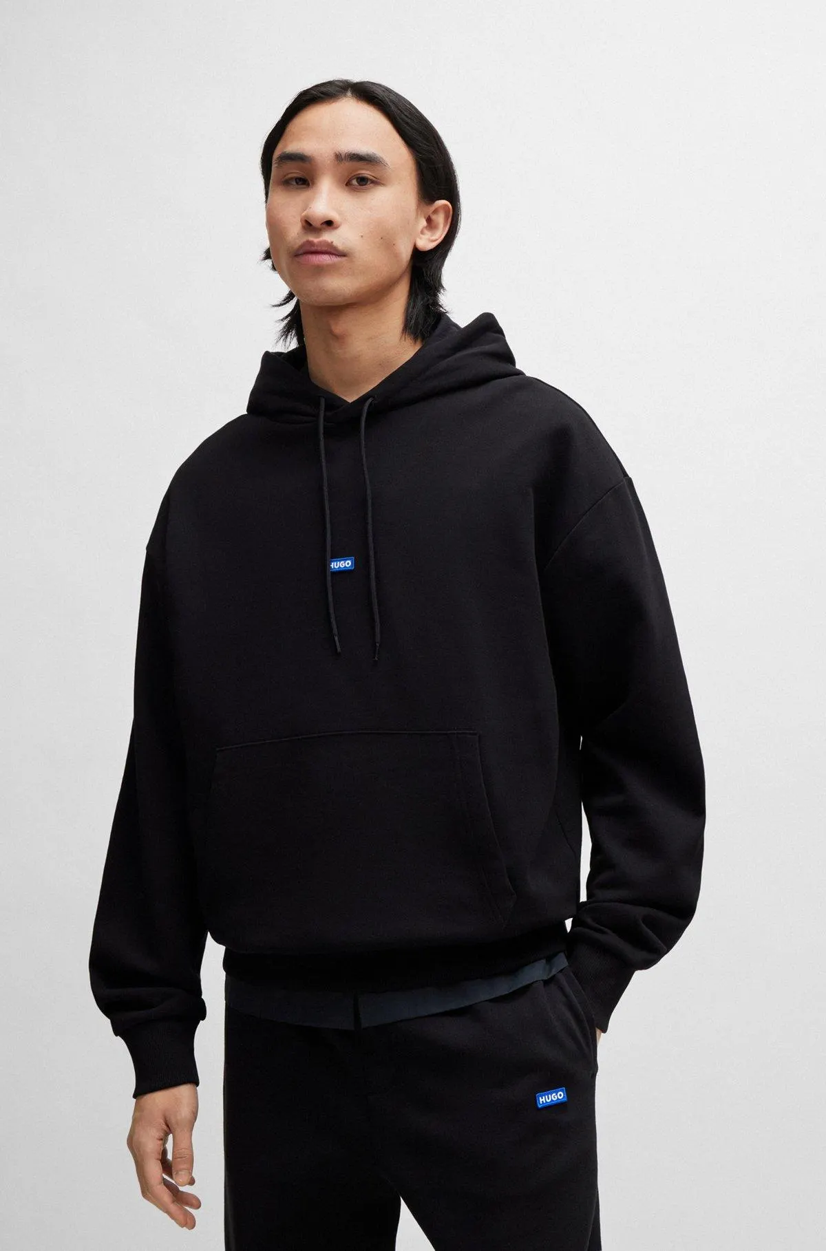 Cotton-terry hoodie with blue logo label