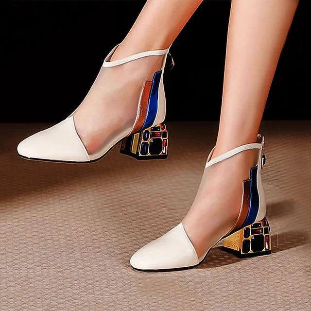 Mujer Botas Sandalias Botas Botas de verano Fiesta Exterior Oficina Botines Botines Verano Pedrería Talón de bloque Dedo redondo Elegante Sensual Zapatos de Paseo Cuero PU Cremallera Color sólido