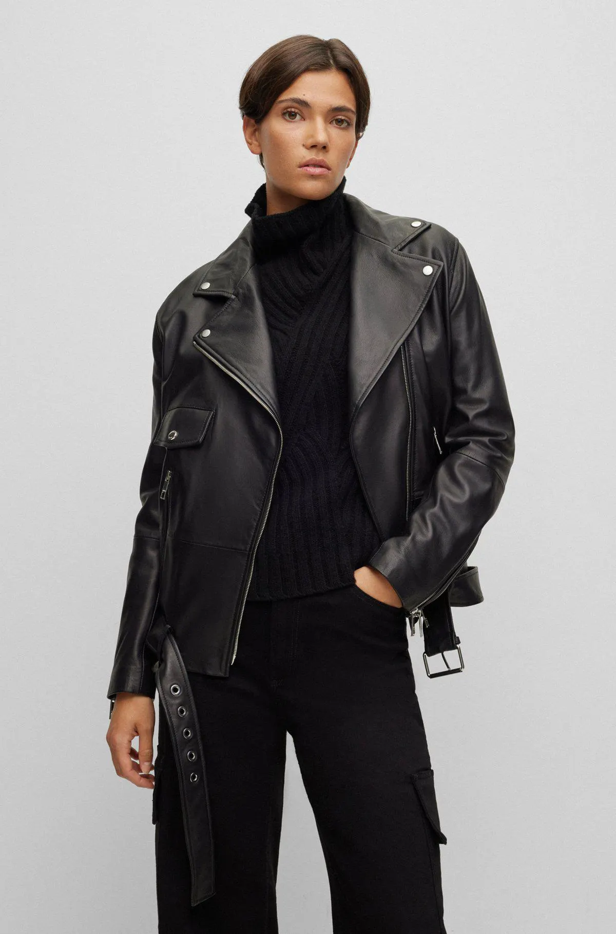 Regular-fit leather jacket with asymmetric zip