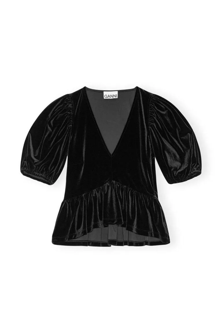 Velvet Jersey V-neck Blouse – Sort