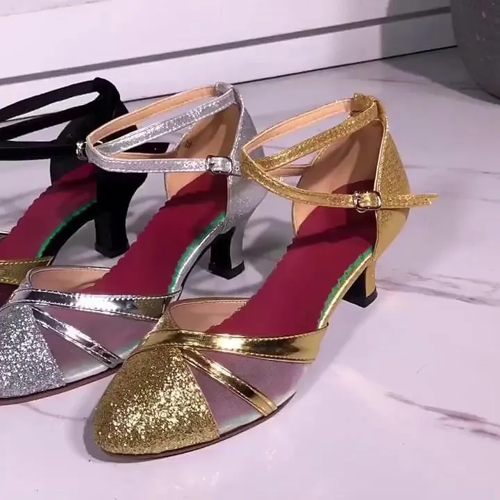 Women's Modern Shoes Ballroom Shoes Performance Party/Prom Outdoor Ballroom Dance Professional Glitter Splicing Tulle Low Heel Black Gold Silver