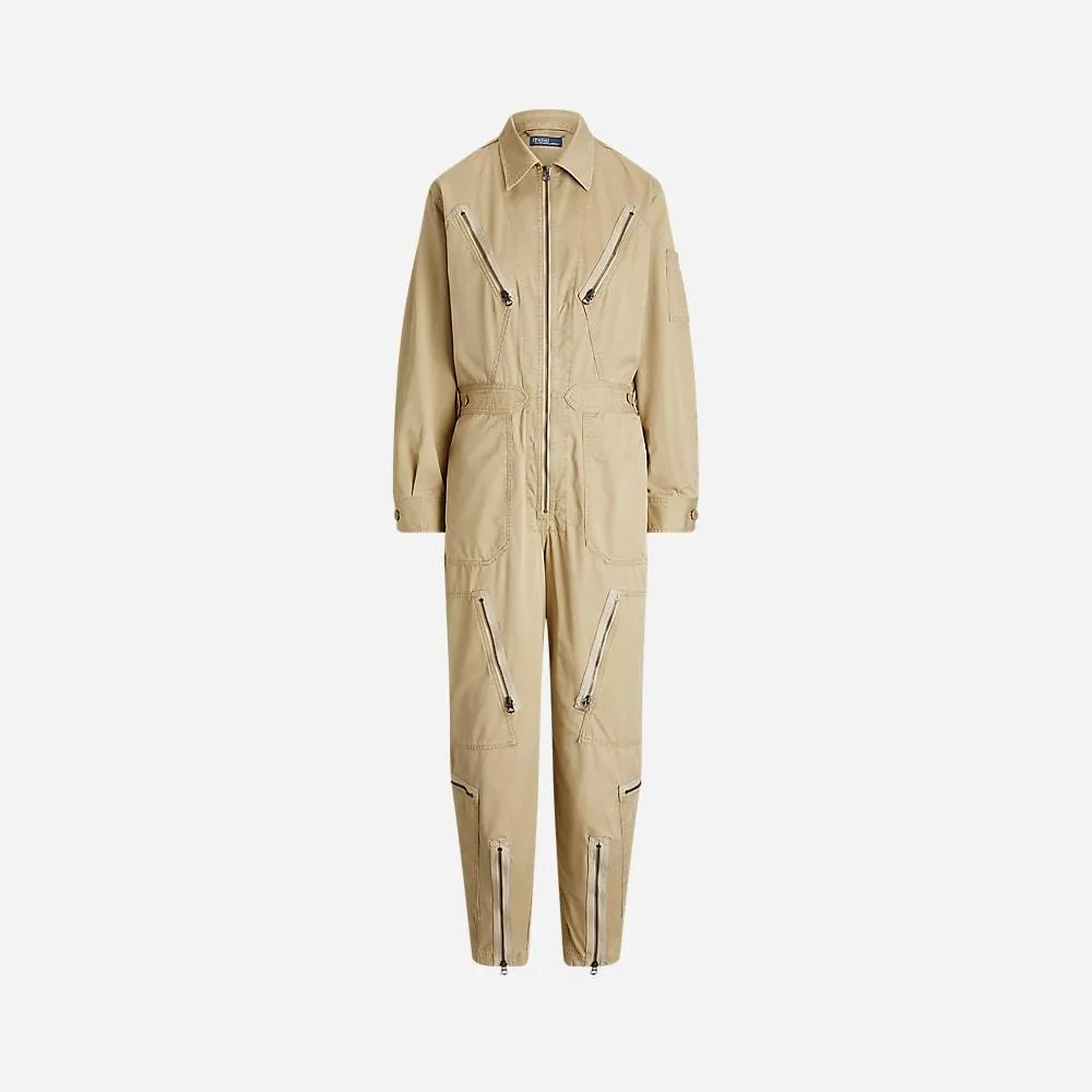 Cotton Twill Zip-Front Jumpsuit - Tan