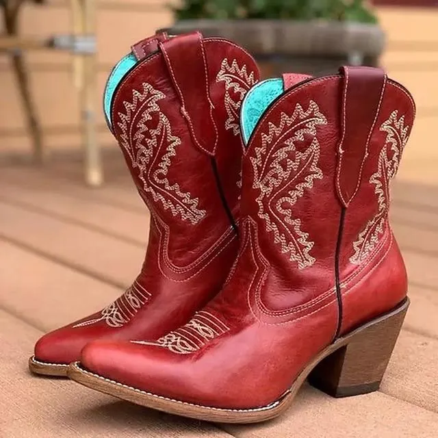 Women's Boots Cowboy Boots Cowgirl Boots Daily Mid Calf Boots Booties Ankle Boots Winter Embroidery Chunky Heel Pointed Toe Vintage Casual Walking Shoes PU Leather Faux Fur PU Loafer Solid Color