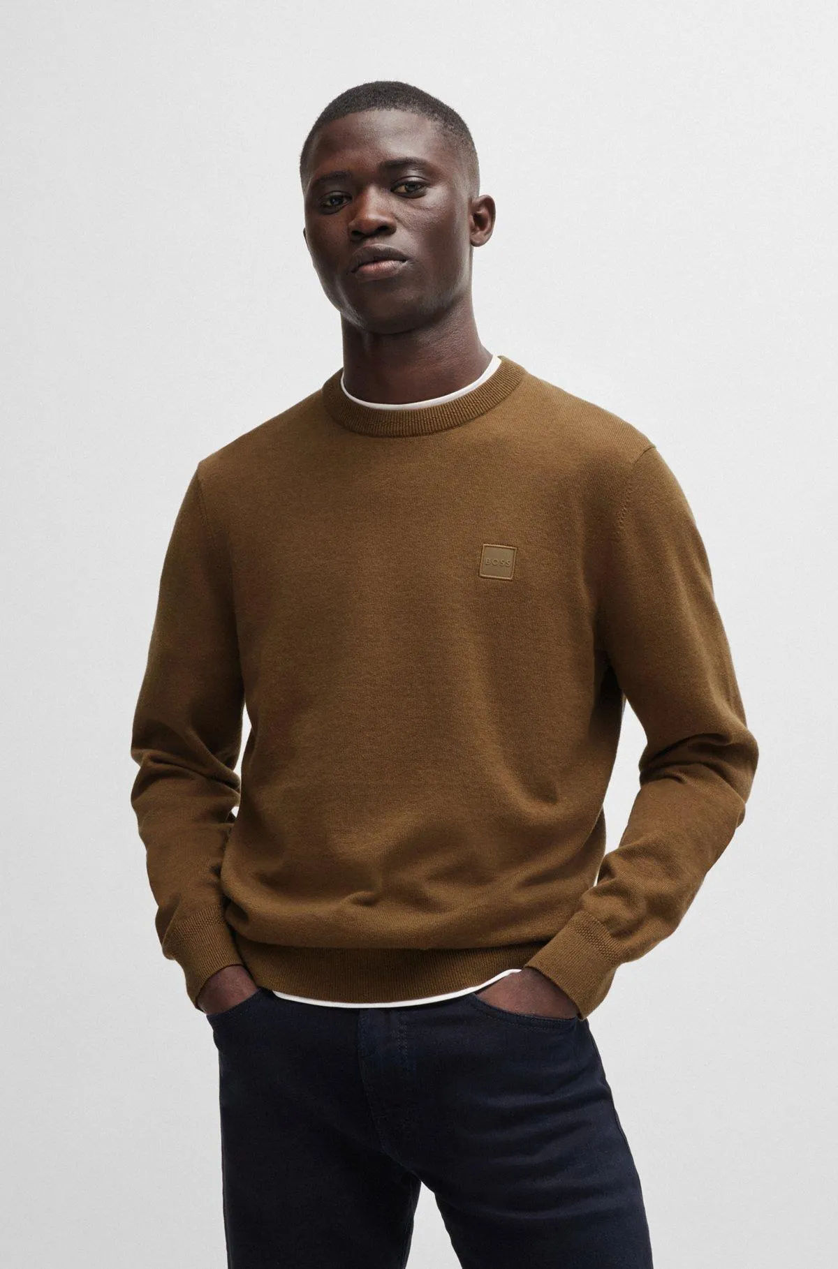Crew-neck sweater in cotton and cashmere with logo