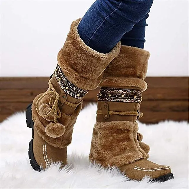 Mujer Botas Botas de nieve Tallas Grandes Exterior Diario Forrado con Lana Botas hasta la rodilla Invierno Pajarita Pompón Tacón Cuadrado Dedo redondo Casual Estilo industrial PU Cordones Negro