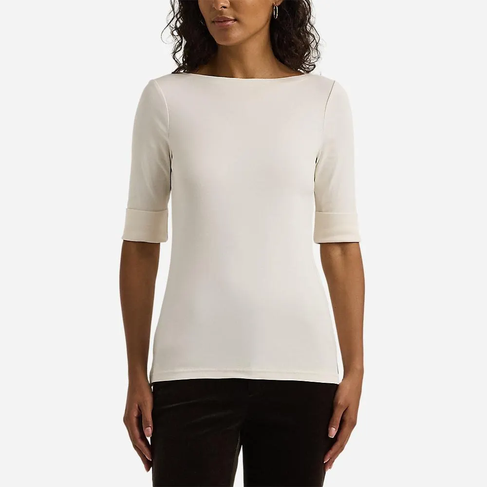 Stretch Cotton Boatneck Tee - Creme