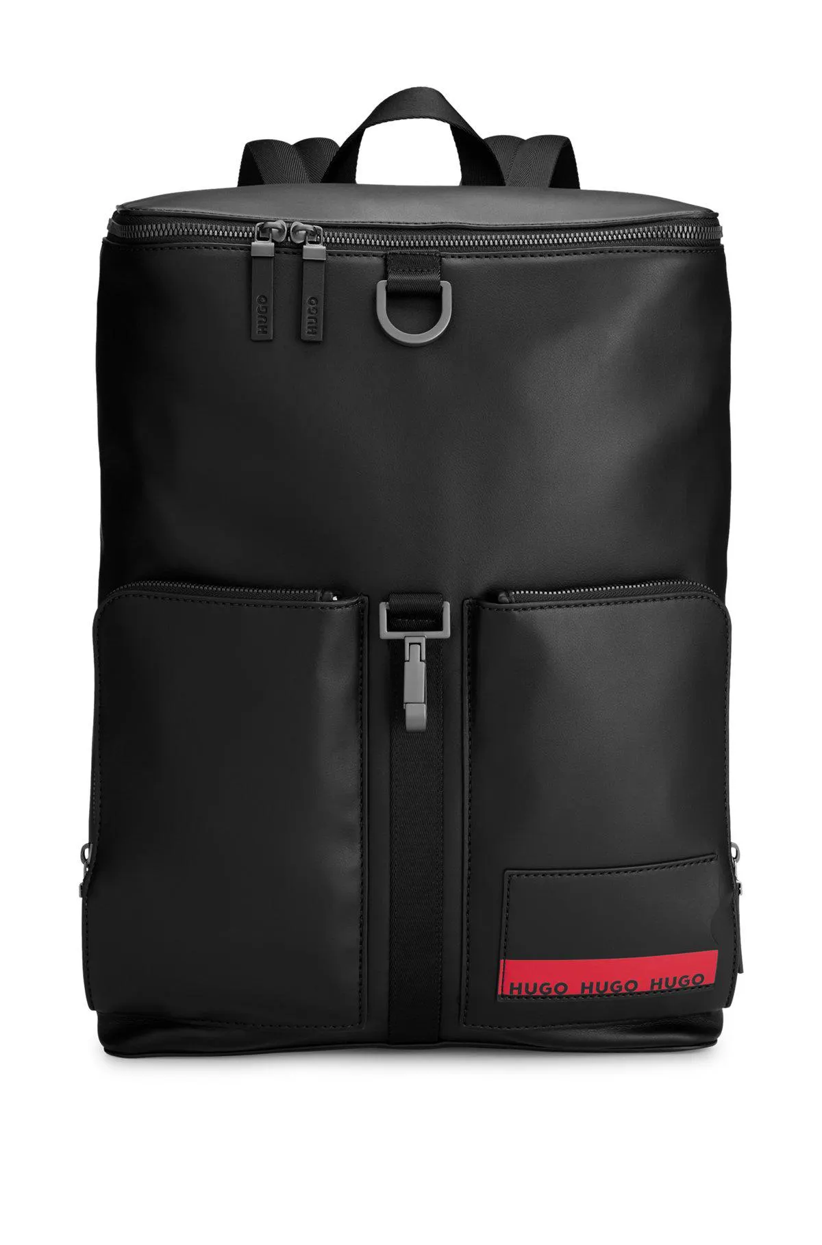 Backpack with red logo tape and gunmetal hardware