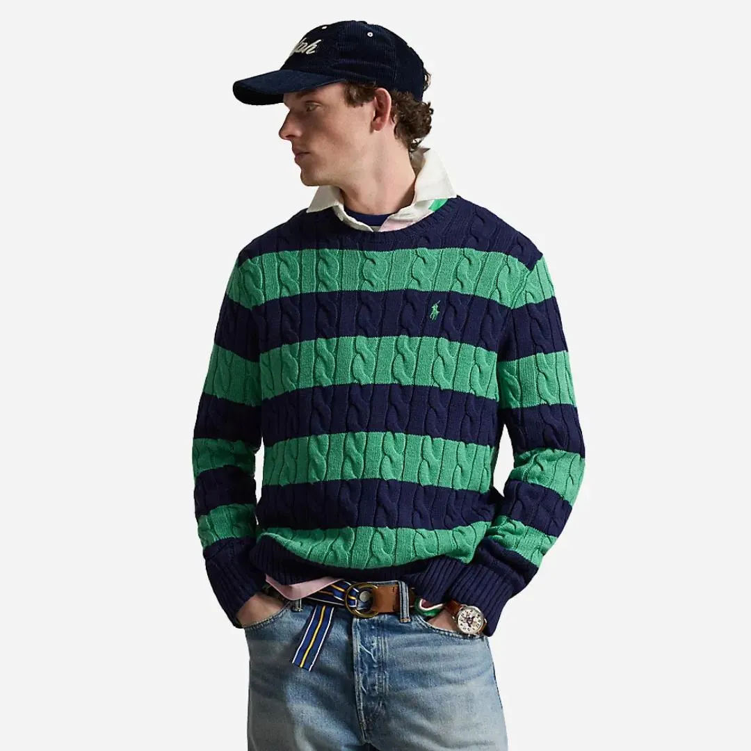 Cable-knit Striped Cotton Sweater - Navy Green Combo