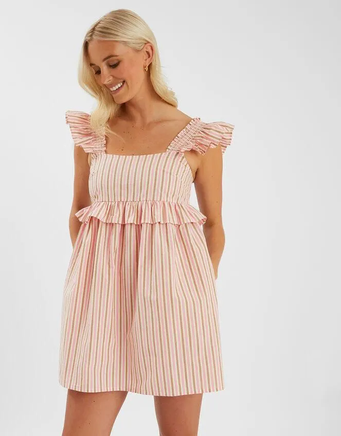 Sleeveless Stripe Frilly Mini Dress Pink