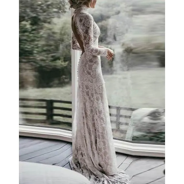 Beach Boho Wedding Dresses Sheath / Column High Neck Long Sleeve Court Train Lace Outdoor Bridal Gowns With Appliques Solid Color Summer Fall Wedding Party 2023, Women‘s Clothing