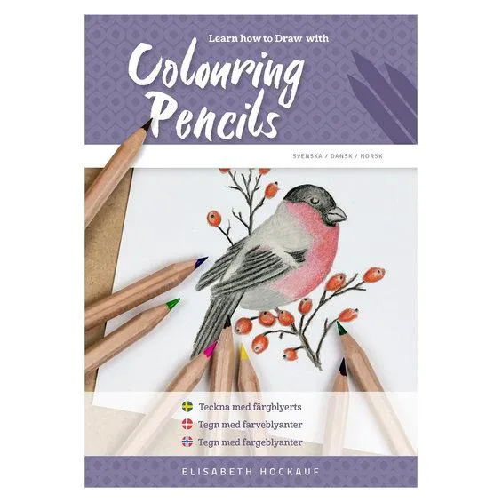 Learn how to draw animals with colouring pencils – lær å tegne blomster, fugler, frukt m.m. med fargeblyanter. Svensk, dansk og norsk tekst. 17×24 cm, 90 sider.