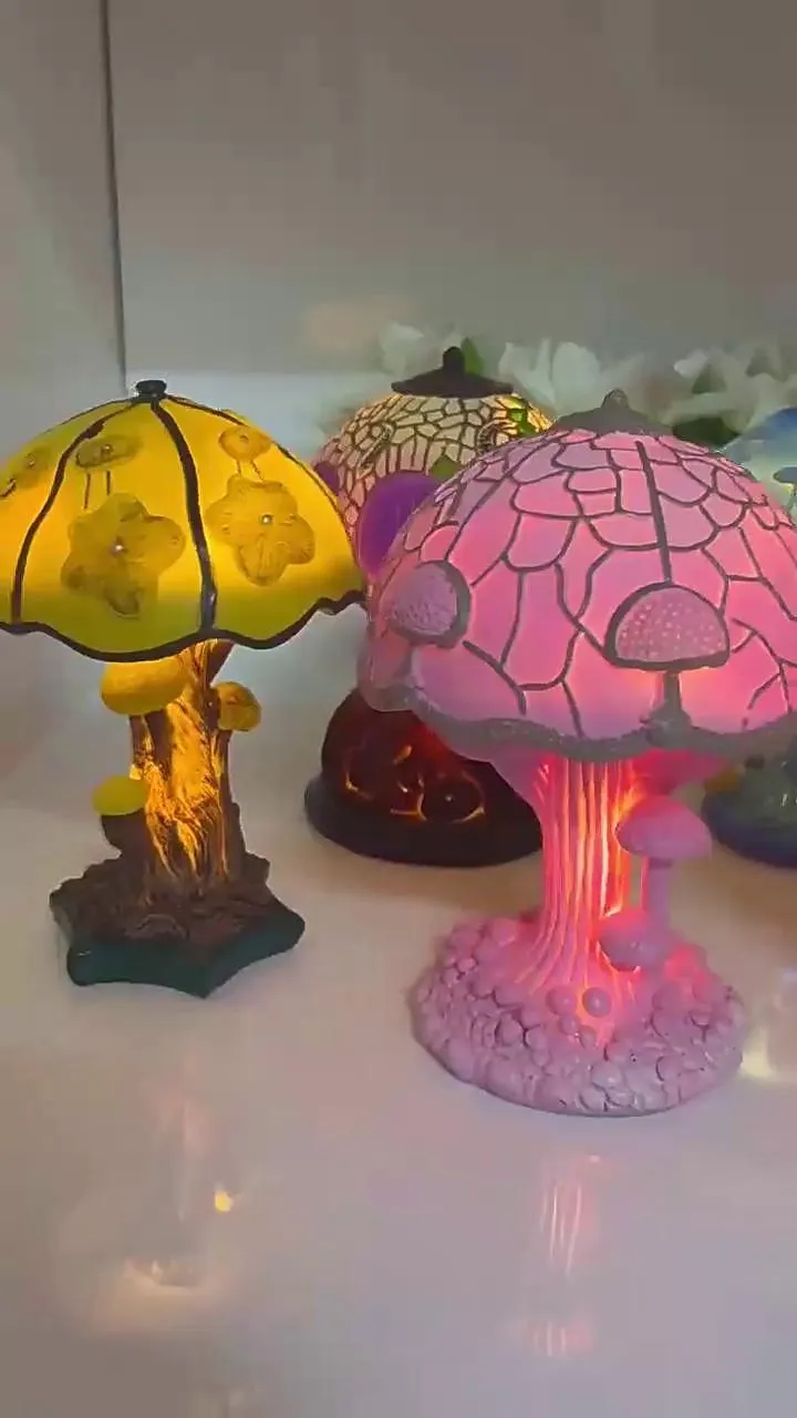 lámpara de mesa de setas, luz de noche de planta de vidrieras, lámpara de noche decorativa de resina bohemia, para dormitorio, sala de estar, oficina en casa, regalo de decoración