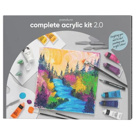 Panduros komplette akrylsett 2.0 – 24 tuber maling à 30 ml, 2 lerreter, 5 pensler + tilbehør