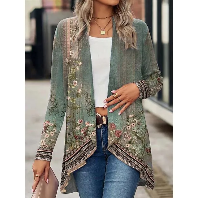 Mujer Chaqueta de Punto Frente Abierto Estriado Tejer Polyester Estampado Otoño Invierno Exterior Diario Festivos Estilo Étnico Casual Suave Manga Larga Floral A Rayas Granate Negro Blanco S M L