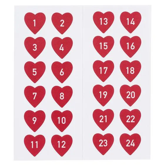 24 klistremerker 1–24 med røde hjerter