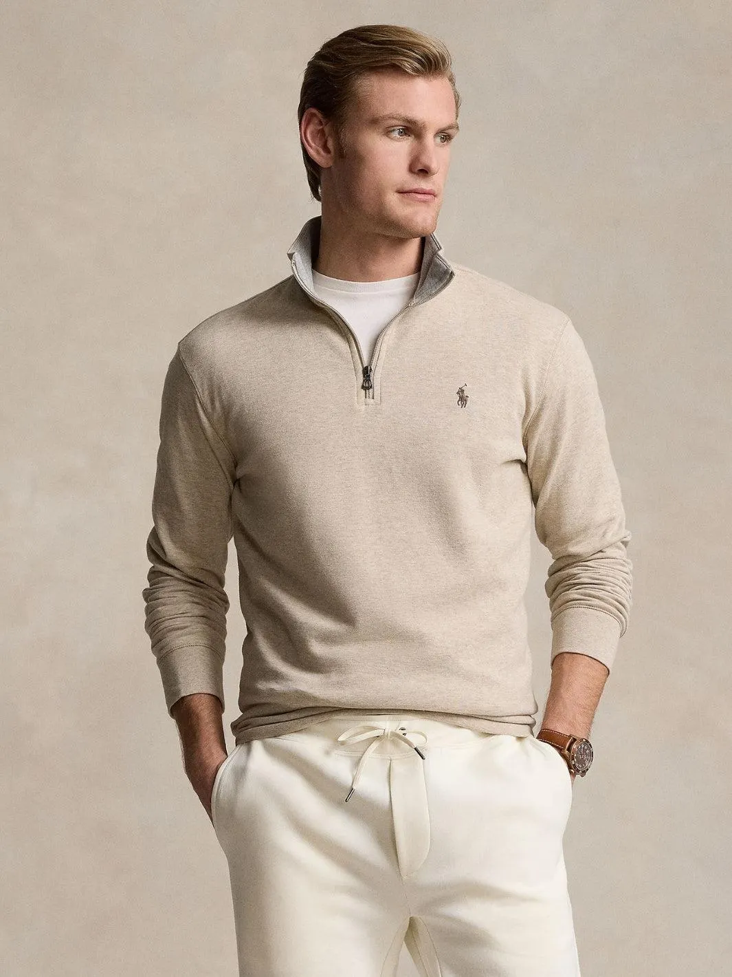 JERSEY QUARTER-ZIP PULLOVER Beige