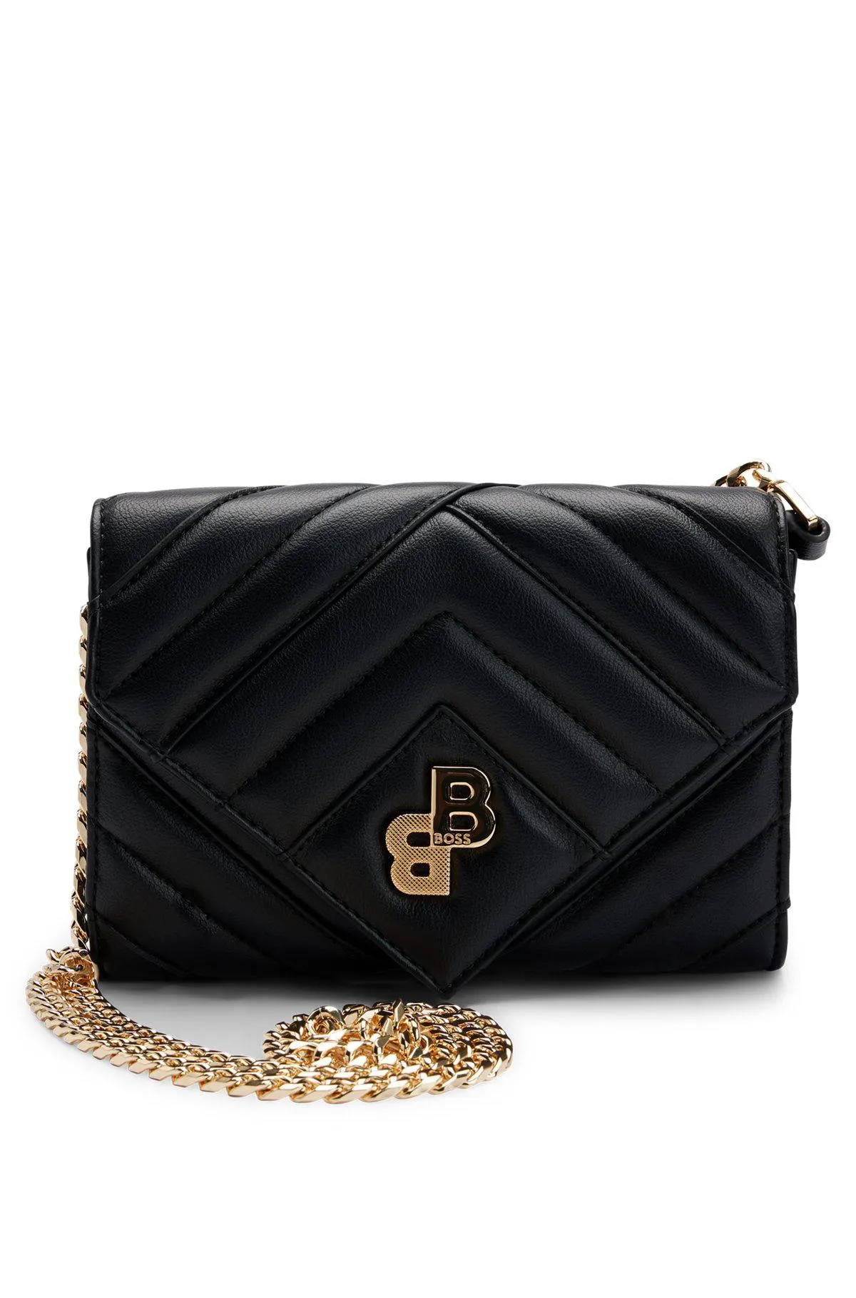 Quilted clutch bag with monogram hardware and chain
