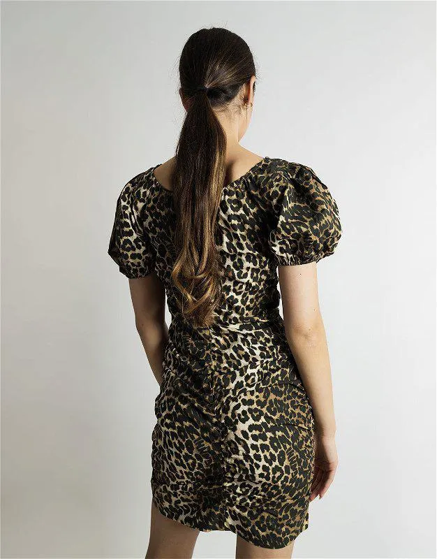 Printed Cotton Gathered Mini Dress Big Leopard Almond Milk