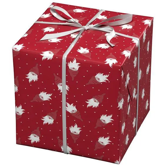 Julepapir 10 meter rull, 57 cm bred – lekkert julerødt papir med nissemotiv