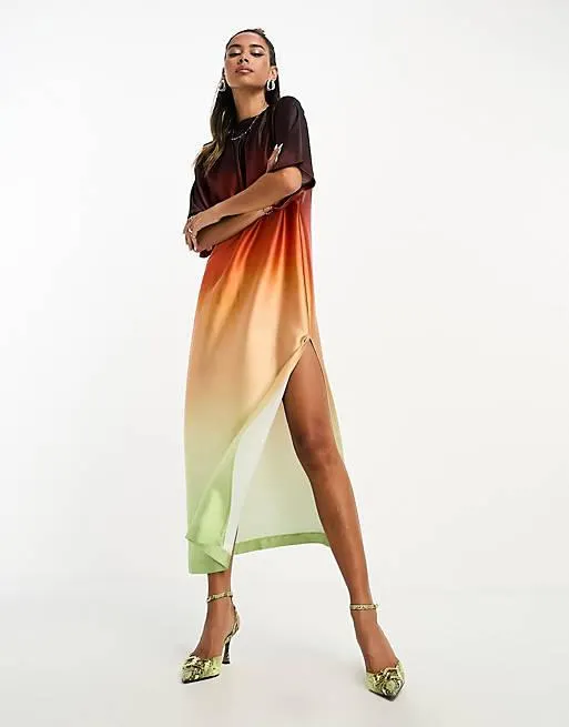 ASOS DESIGN satin oversized midi tshirt dress in ombre print