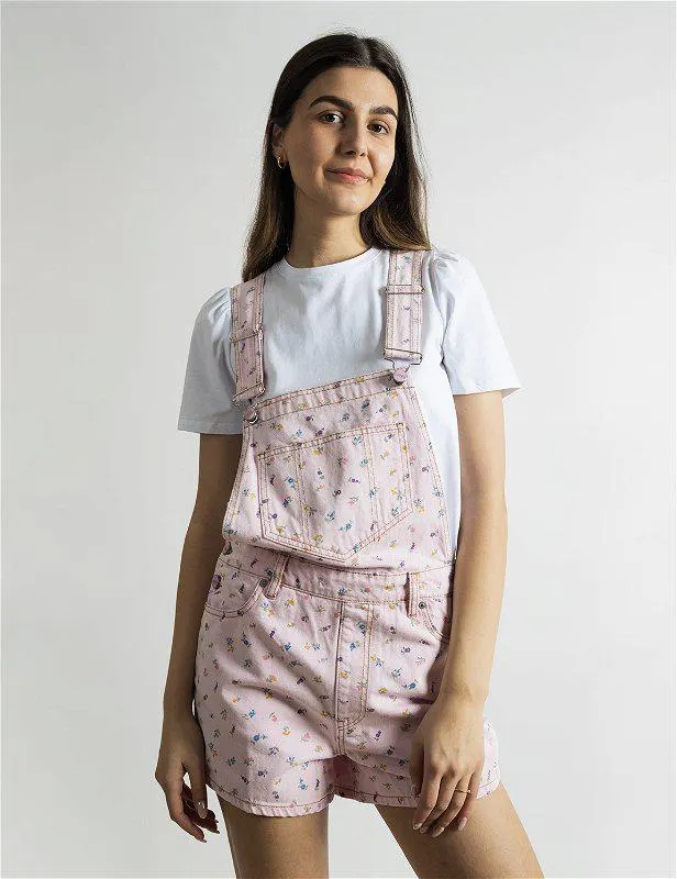 Print Denim Overalls Shorts Pink Tulle
