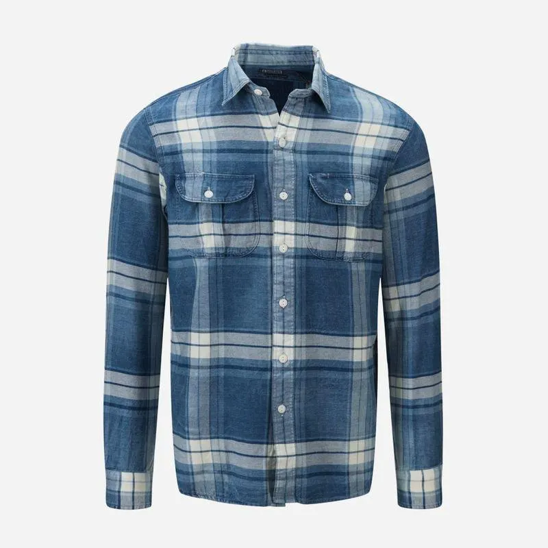 Classic Fit Distressed Plaid Twill Shirt - Indigo Multi