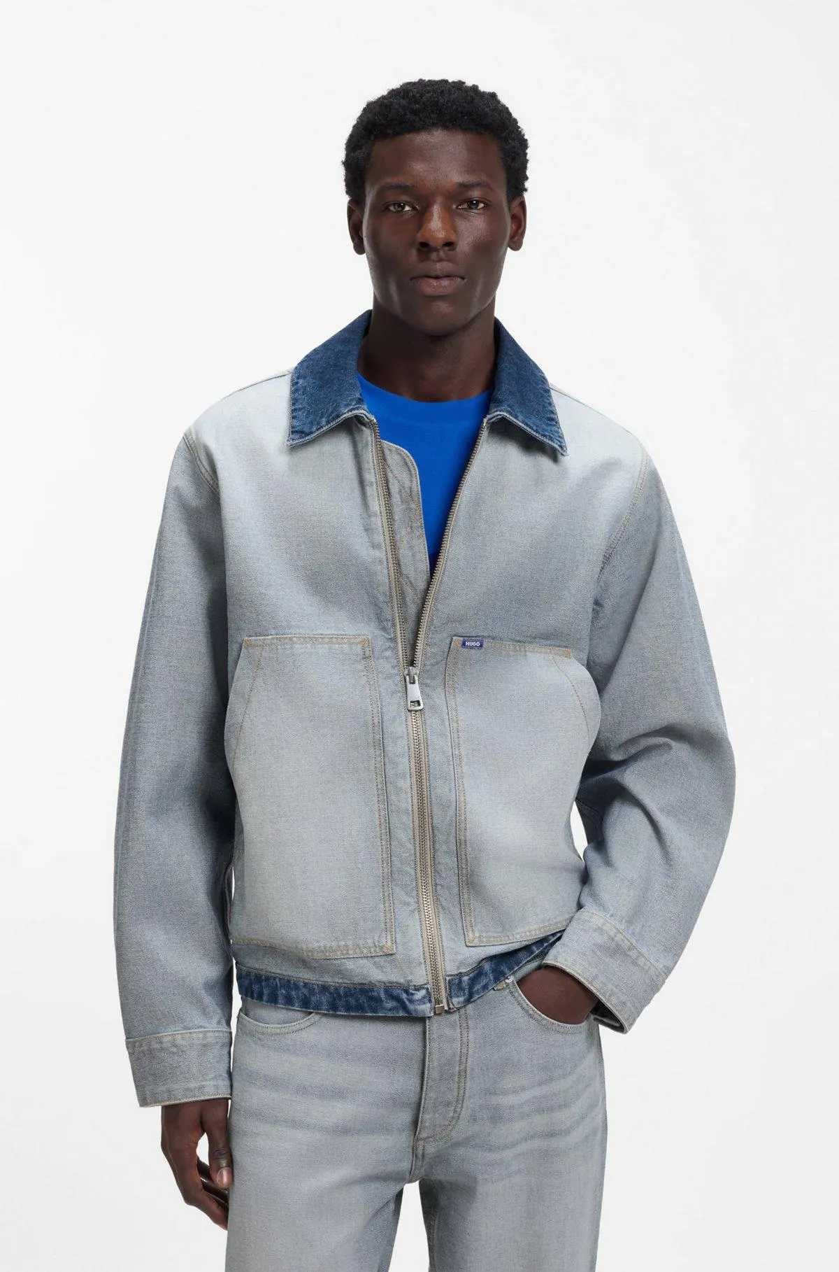 Denim jacket with inside-out styling