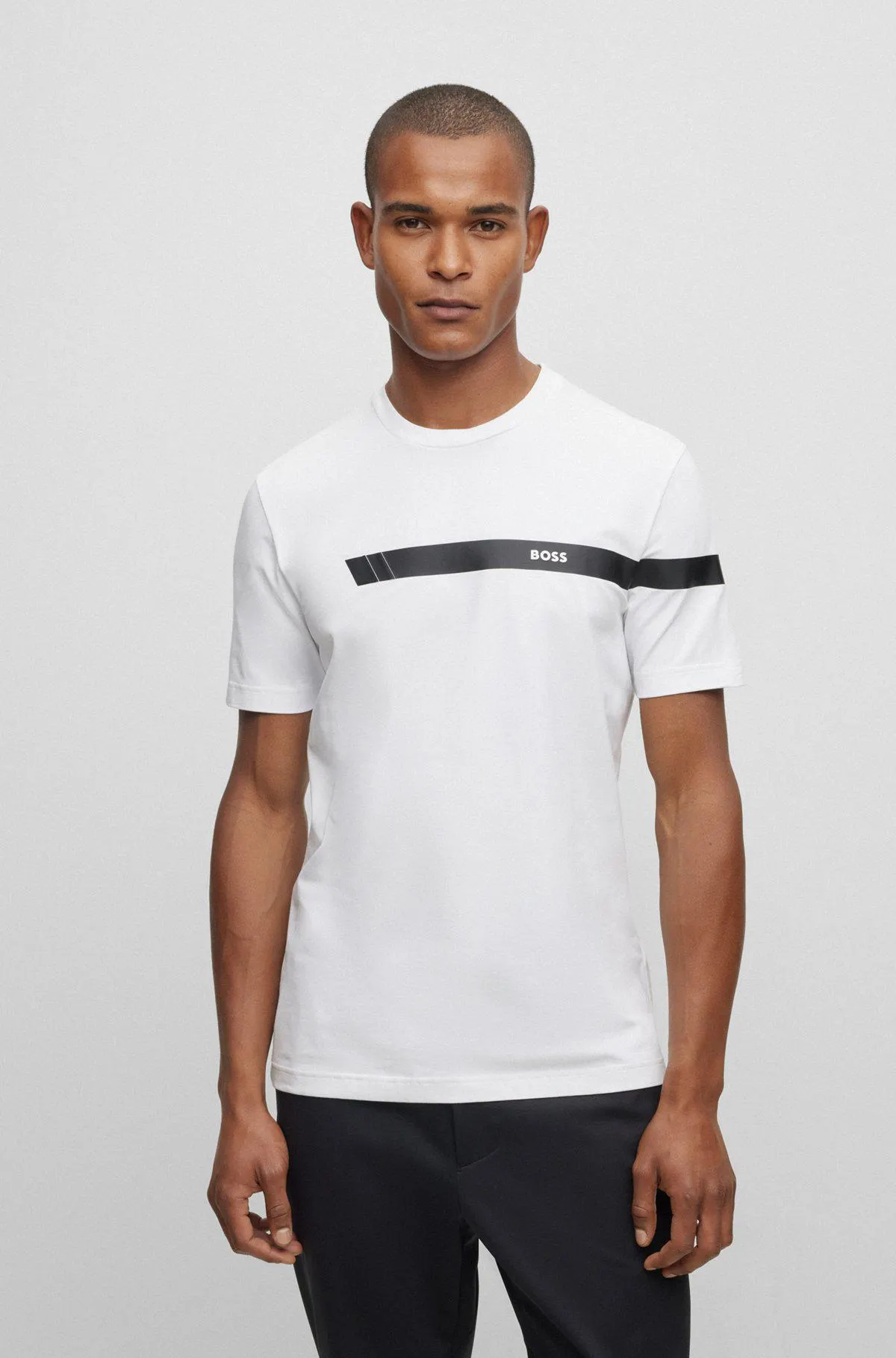 Stretch-cotton T-shirt with stripe and logo