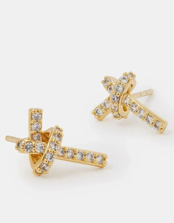 14ct Gold-Plated Diamanté Knot Stud Earrings