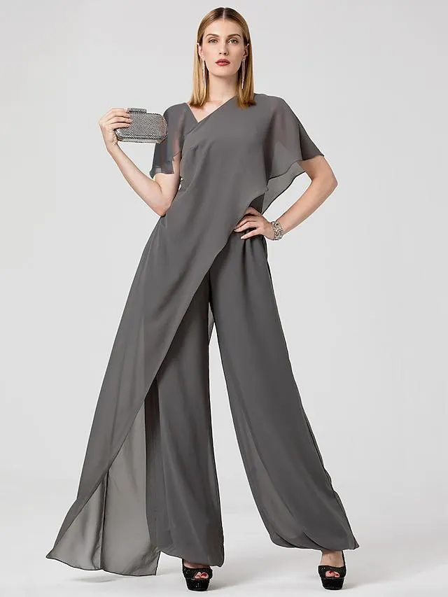 Jumpsuits Evening Gown Minimalist Dress Wedding Guest Floor Length Short Sleeve V Neck With One Detachable Chiffon Sleeves 2023