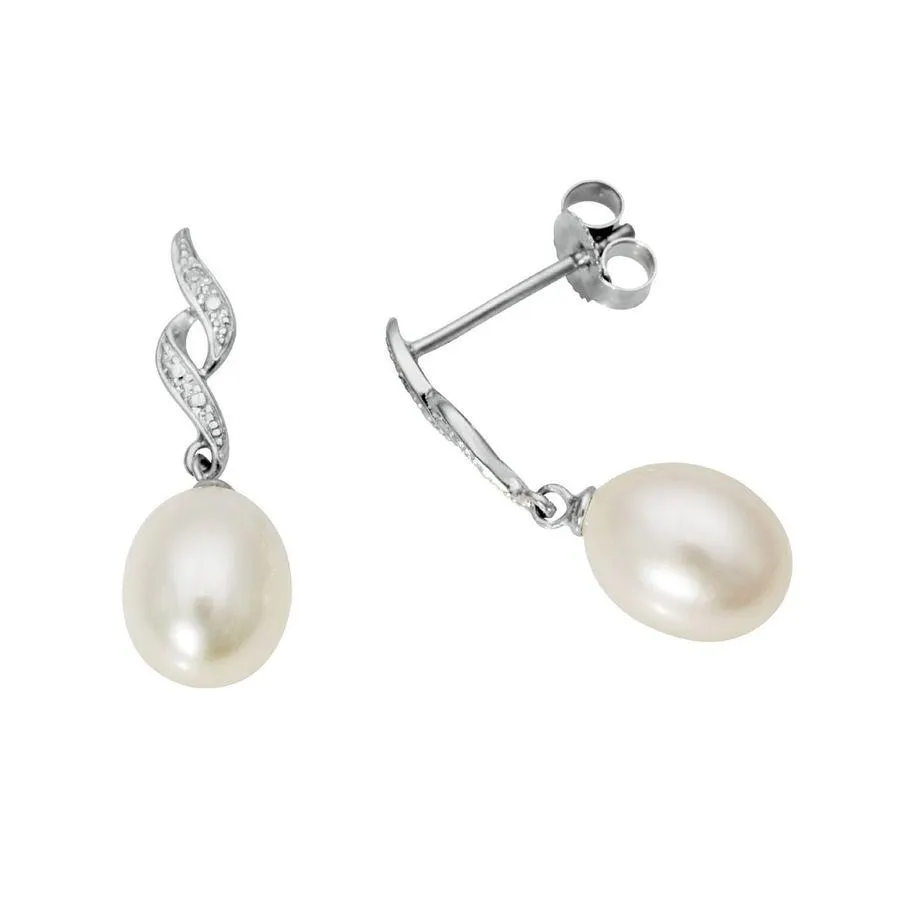 Diamantøredobber Ferskvannsperler 585 Hvitt Gull 0,007 ct