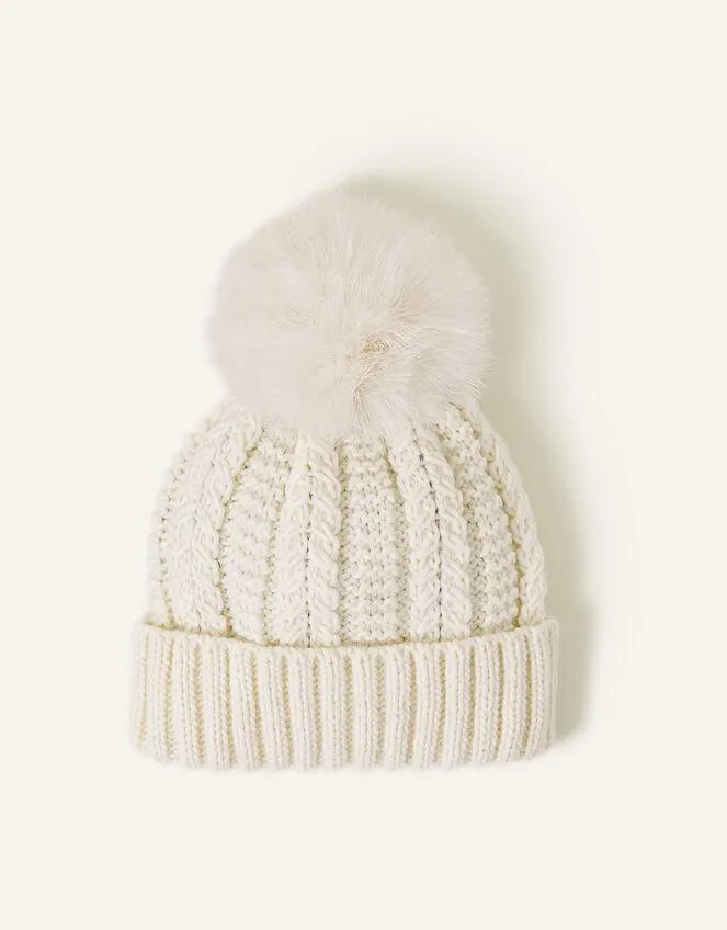 Faux Fur Pom-Pom Beanie Hat Cream