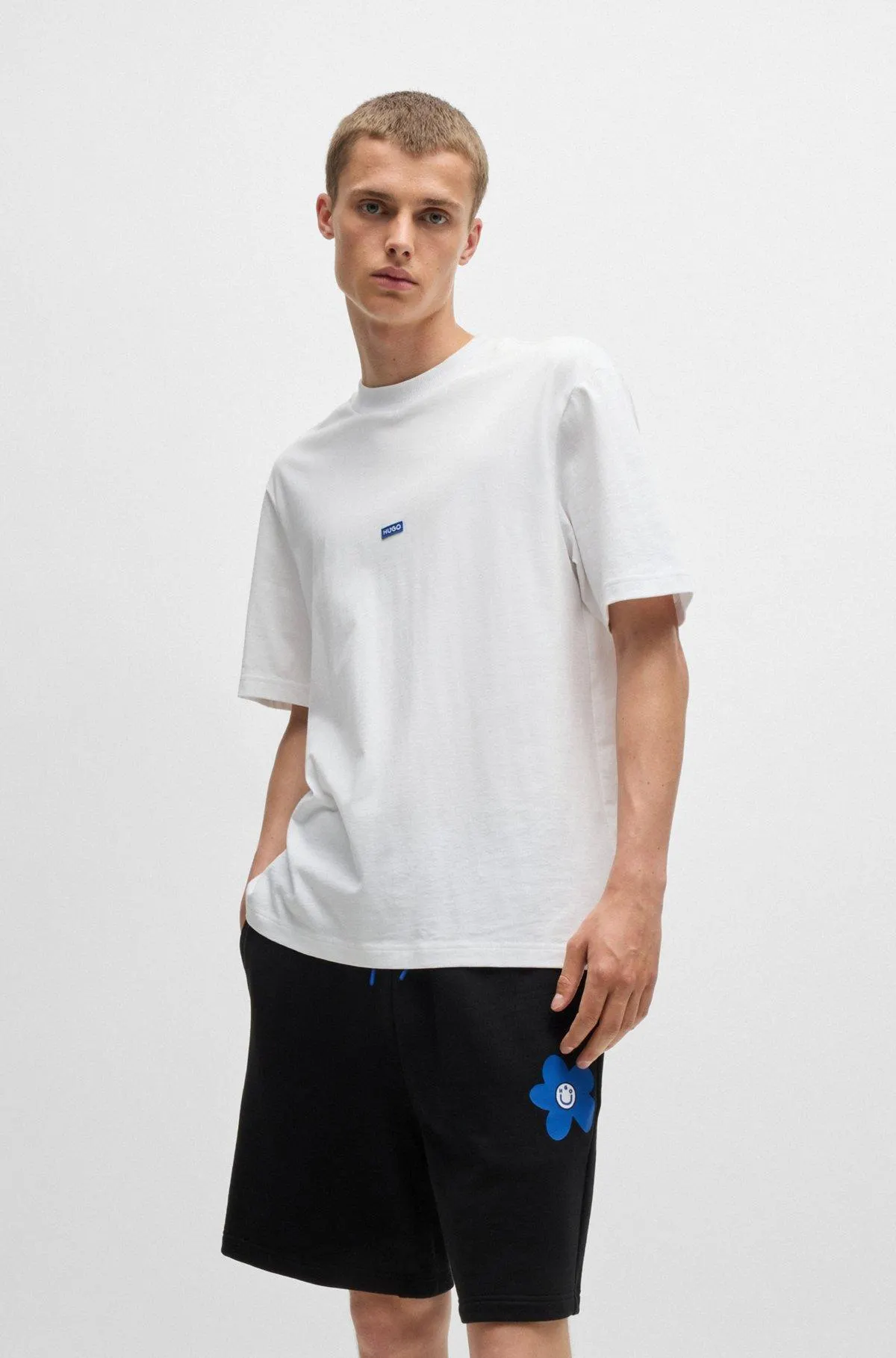 Cotton-jersey T-shirt with blue logo patch